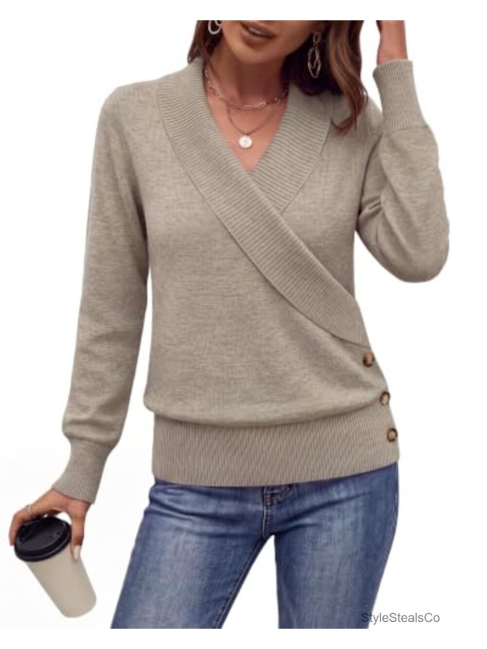 Womens V Neck Long Sleeve Knit Pullover Sweater Asymmetric Cross